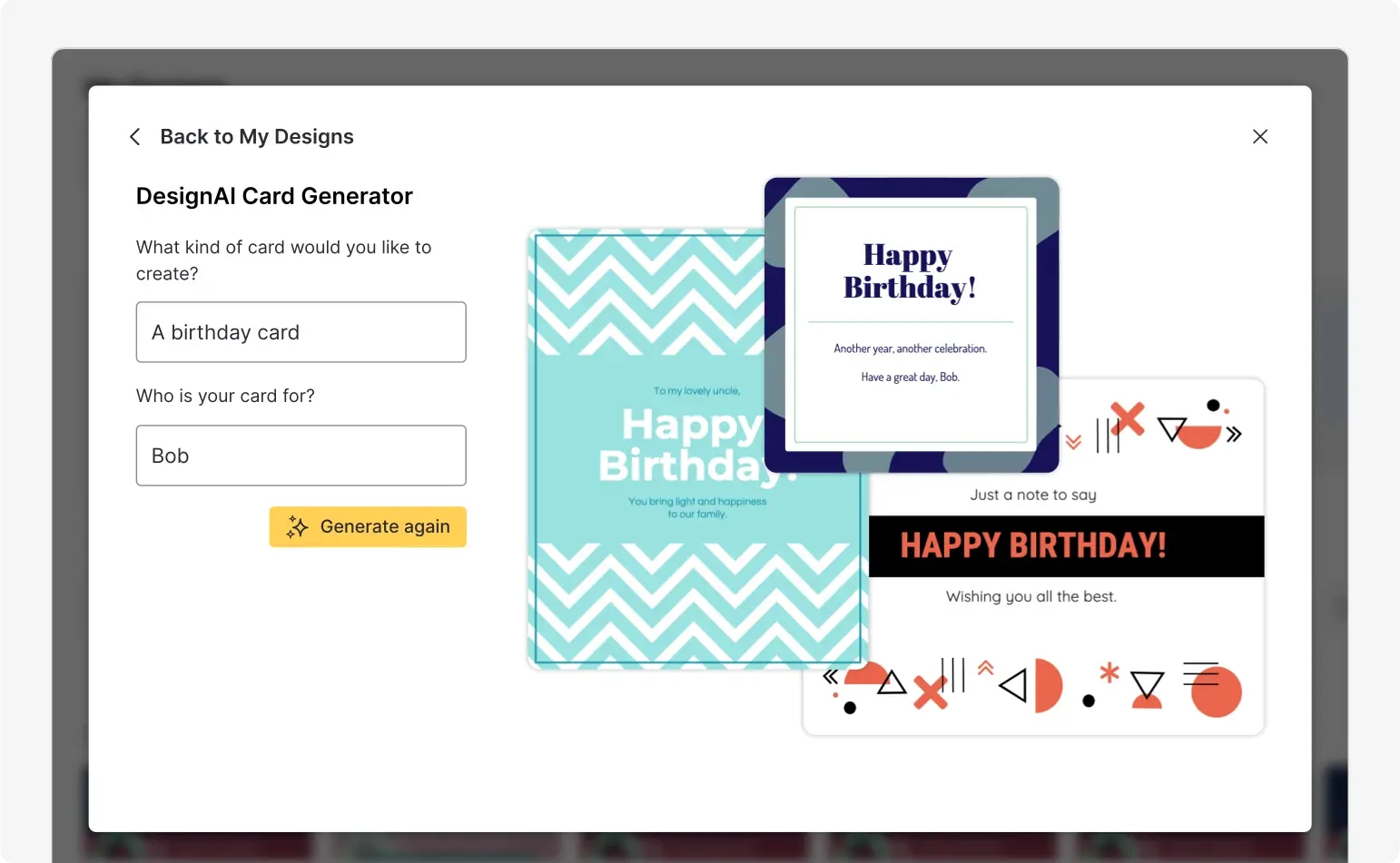 A screenshot of the DesignAI card generator, one of Venngage’s design automation tools. Input a prompt to generate a card design. A screenshot of the DesignAI card generator, one of Venngage’s design automation tools. Input a prompt to generate a card design.
