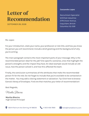 Free  Template: Giallo E Blu Semplici Lettere Di Raccomandazione Professionale
