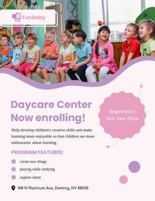 Free  Template: Folheto de creche rosa e roxo