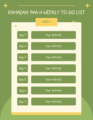 Free  Template: Verde Illustrazione moderna Ramadan settimanale Lista delle cose da fare Modello di calendario