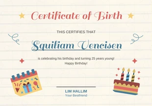 Free  Template: Certificato di compleanno di illustrazione giocosa giallo chiaro