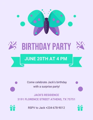 Free  Template: Invito alla festa di compleanno farfalla illustrazione carino viola chiaro