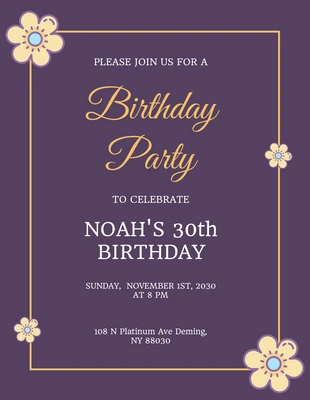Free  Template: Convites de aniversário de 30 anos roxos