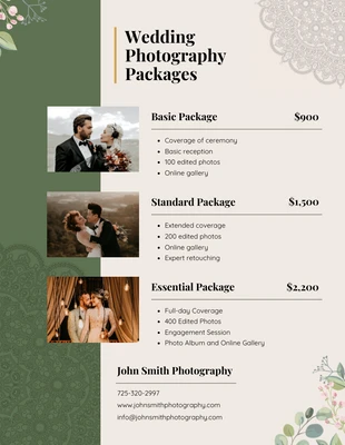 premium  Template: Liste de prix des photographes élégants crème et vert