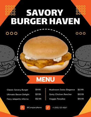 Free  Template: Menu de hambúrguer geométrico preto e laranja