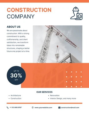 Free  Template: Folheto de empresa de construção civil simples e moderno em branco e laranja