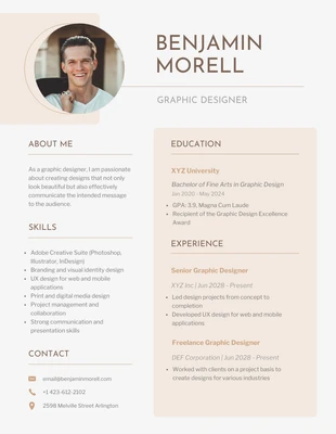 Free  Template: Currículo de designer gráfico branco e pêssego