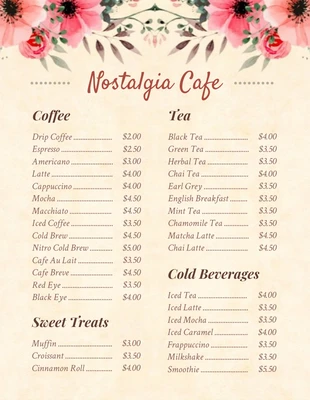 Free  Template: Menu Cafe Sfondo Floreale Classico Giallo Chiaro