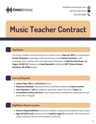Free  Template: Modello di contratto per insegnante di musica