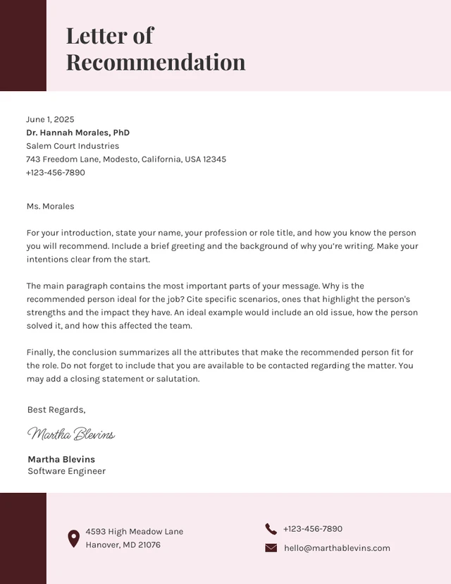 Lettere Di Raccomandazione Semplici Rosa Chiaro E Marrone Template Modello di lettere di raccomandazione semplice rosa chiaro e marrone