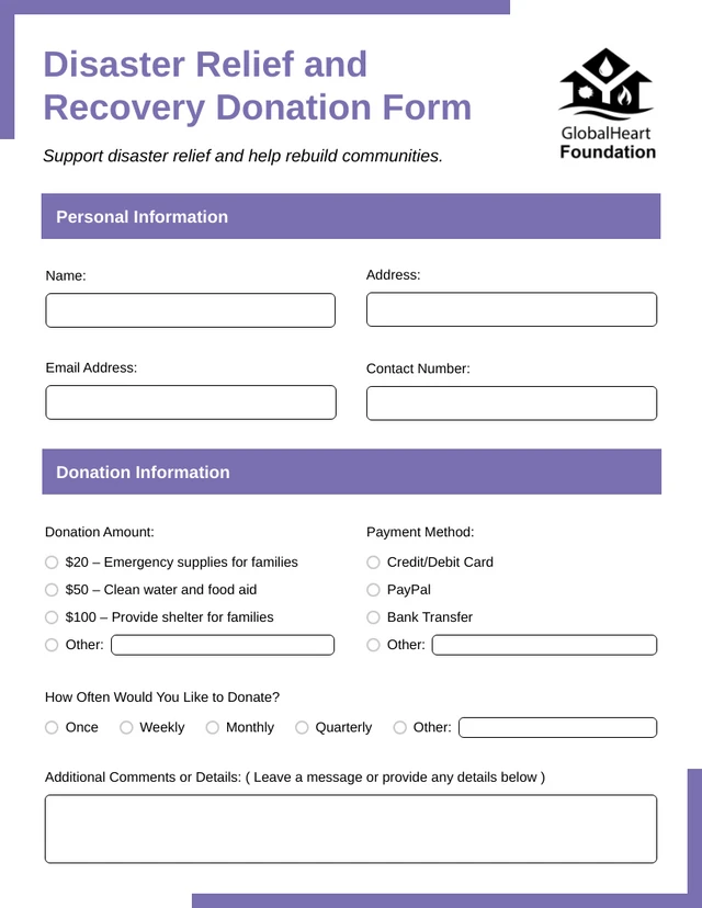 Modulo di donazione viola semplice Template Modello di modulo di donazione viola semplice